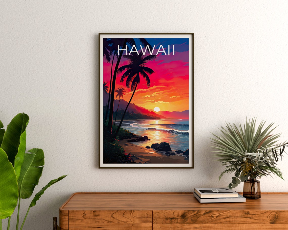 Hawaii Beach Sunset Palm Silhouettes Ocean Waves Tropical Shore Poster - Image 3