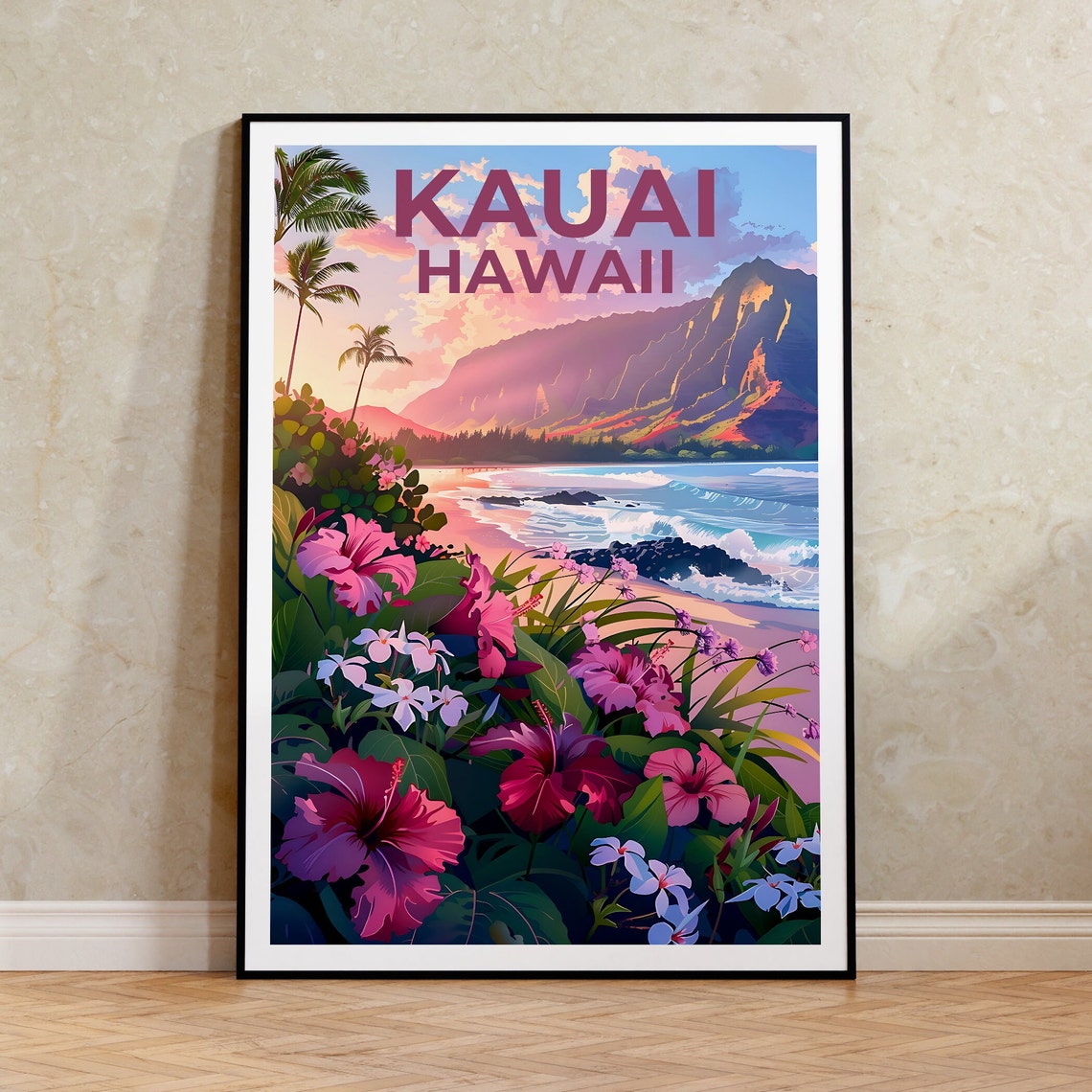 Kauai Hawaii Beach Hibiscus Flowers Mountain Coast View Poster