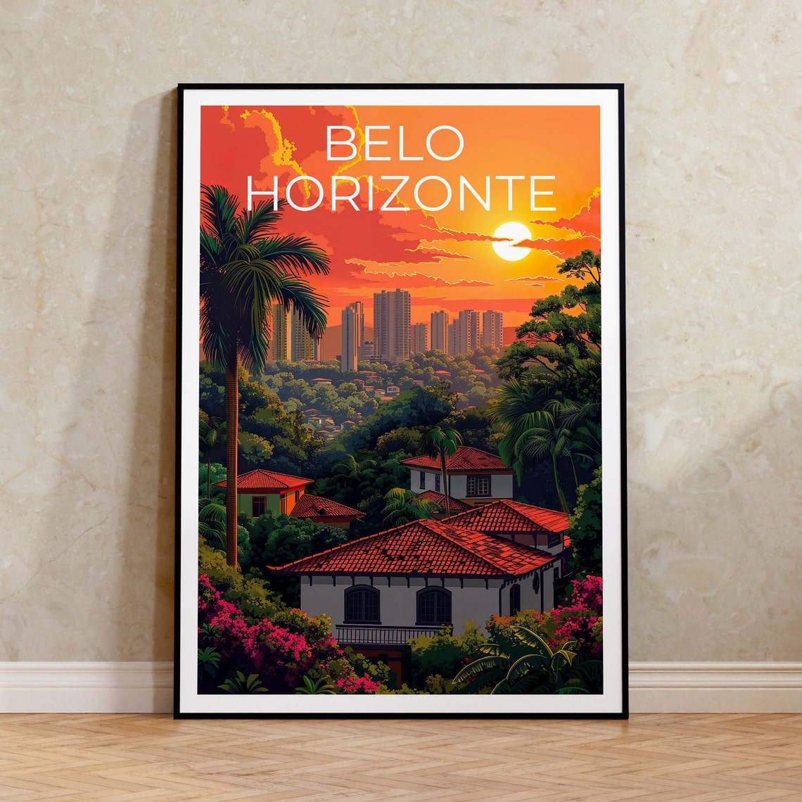 Belo Horizonte Brazil Sunset Skyline Palm Trees Colonial Homes Poster