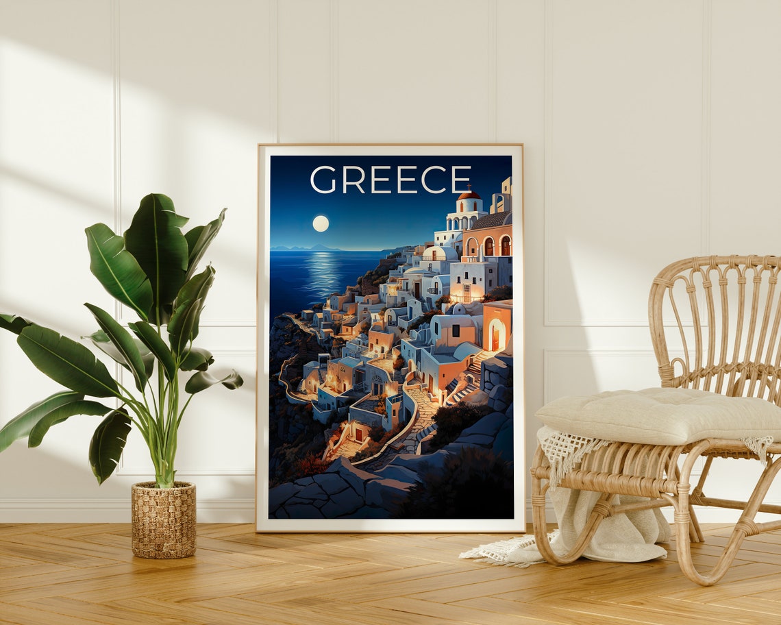 Santorini Greece Blue Dome Church Night Moonlit Caldera Travel Poster - Image 2