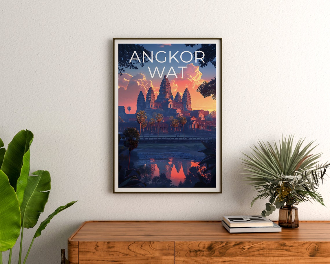 Angkor Wat Cambodia Temple Sunrise Reflection Jungle Travel Poster - Image 3