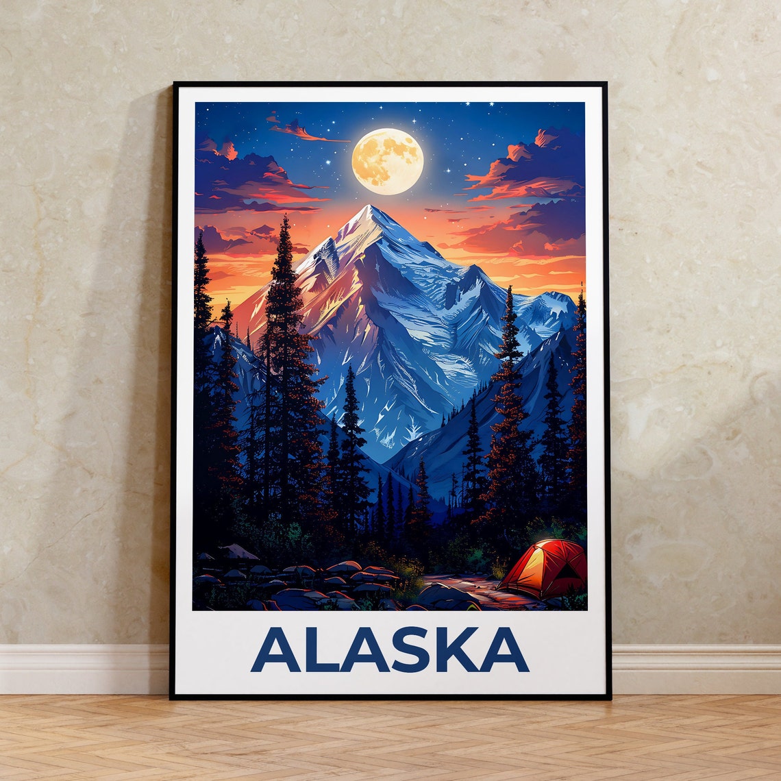 Alaska Snowy Peak Full Moon Tent Camping Night Forest Travel Poster