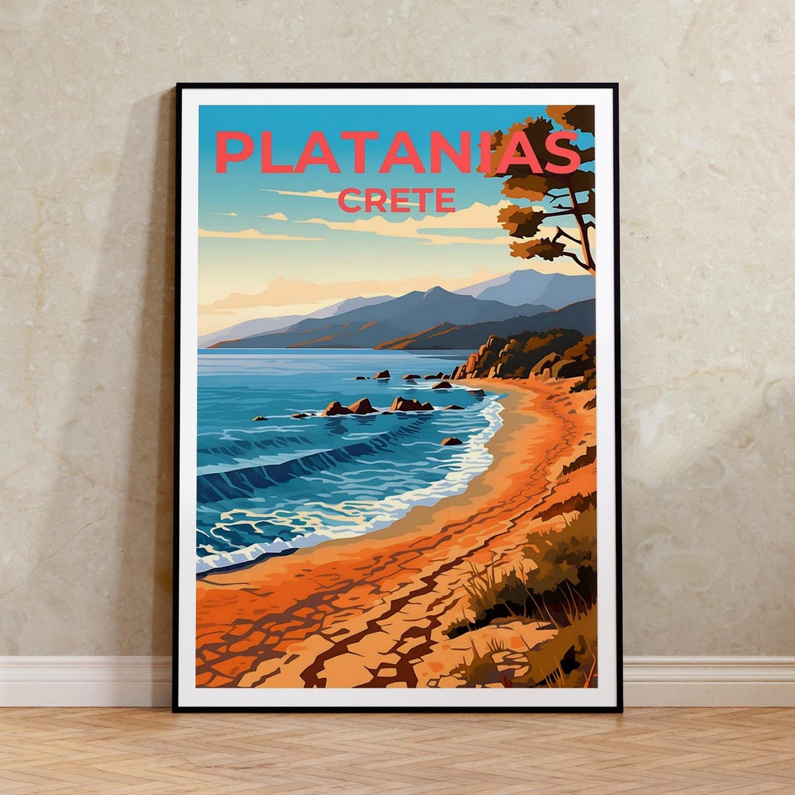 Platanias Crete Greece Sandy Beach Turquoise Bay Travel Poster