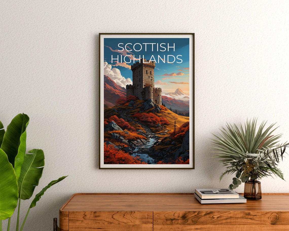 Scottish Highlands Castle Tower Autumn Sunset Hills Travel Poster - Image 3