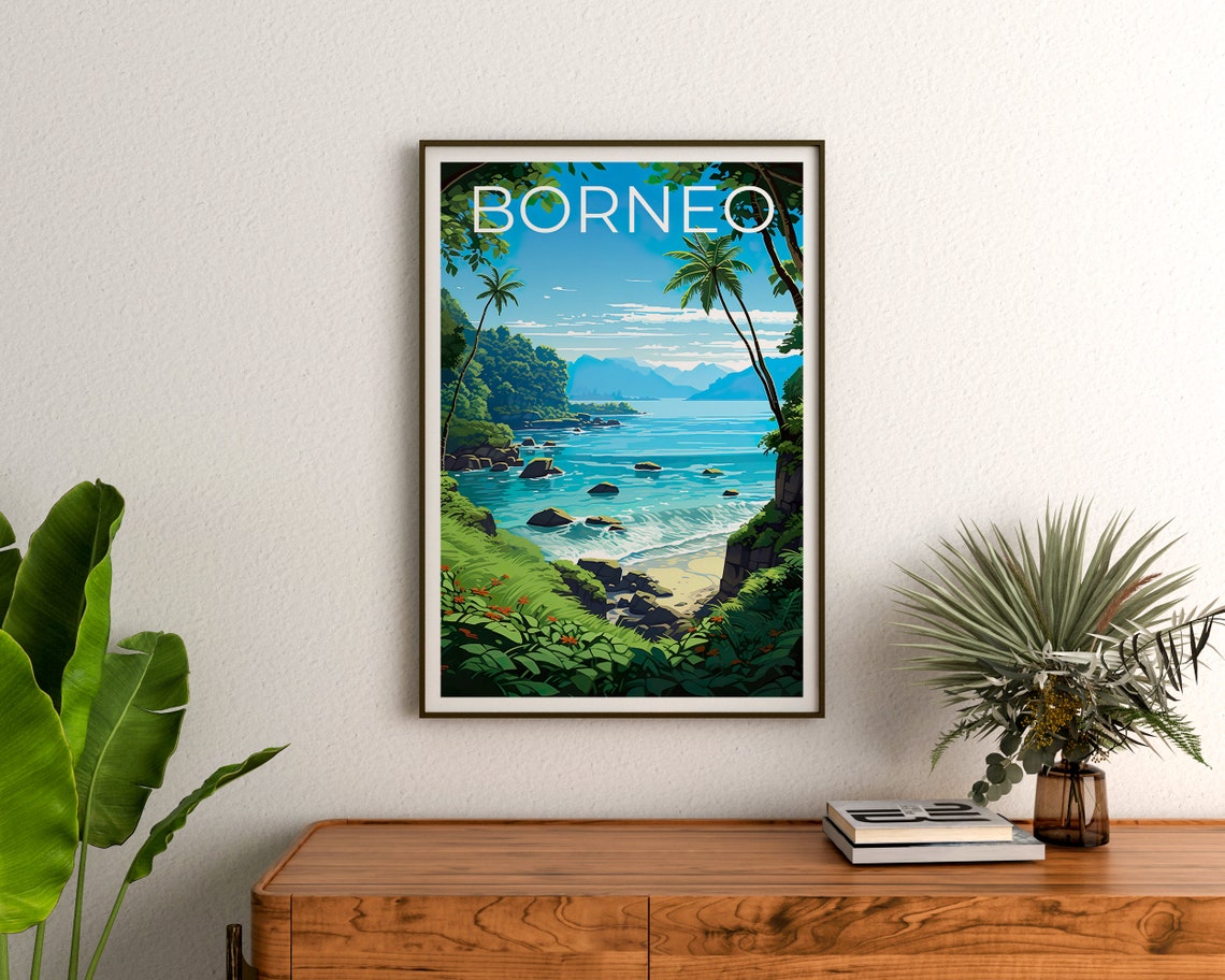 Borneo Tropical Coast Palm Trees Jungle Bay Clear Water Travel Poster - Image 3