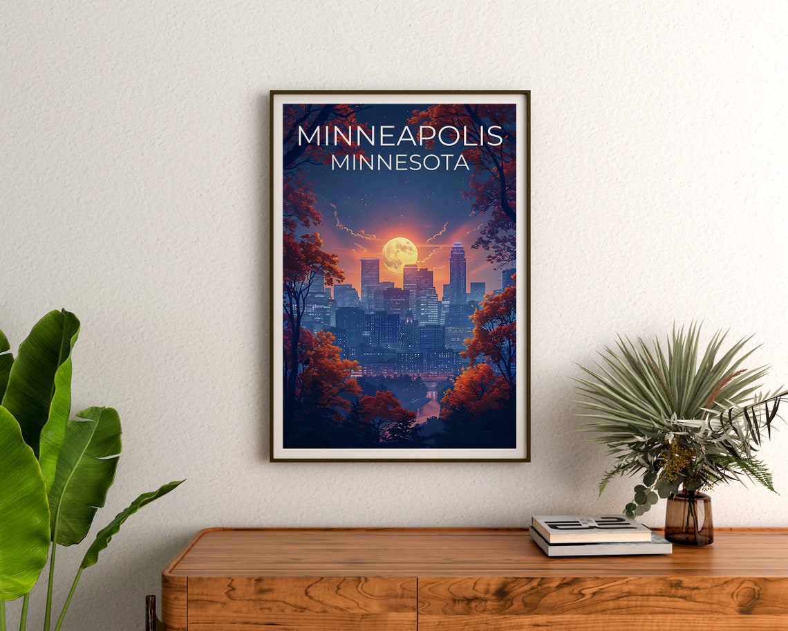 Minneapolis Minnesota Moonlit Skyline Autumn Trees Night Travel Poster - Image 3
