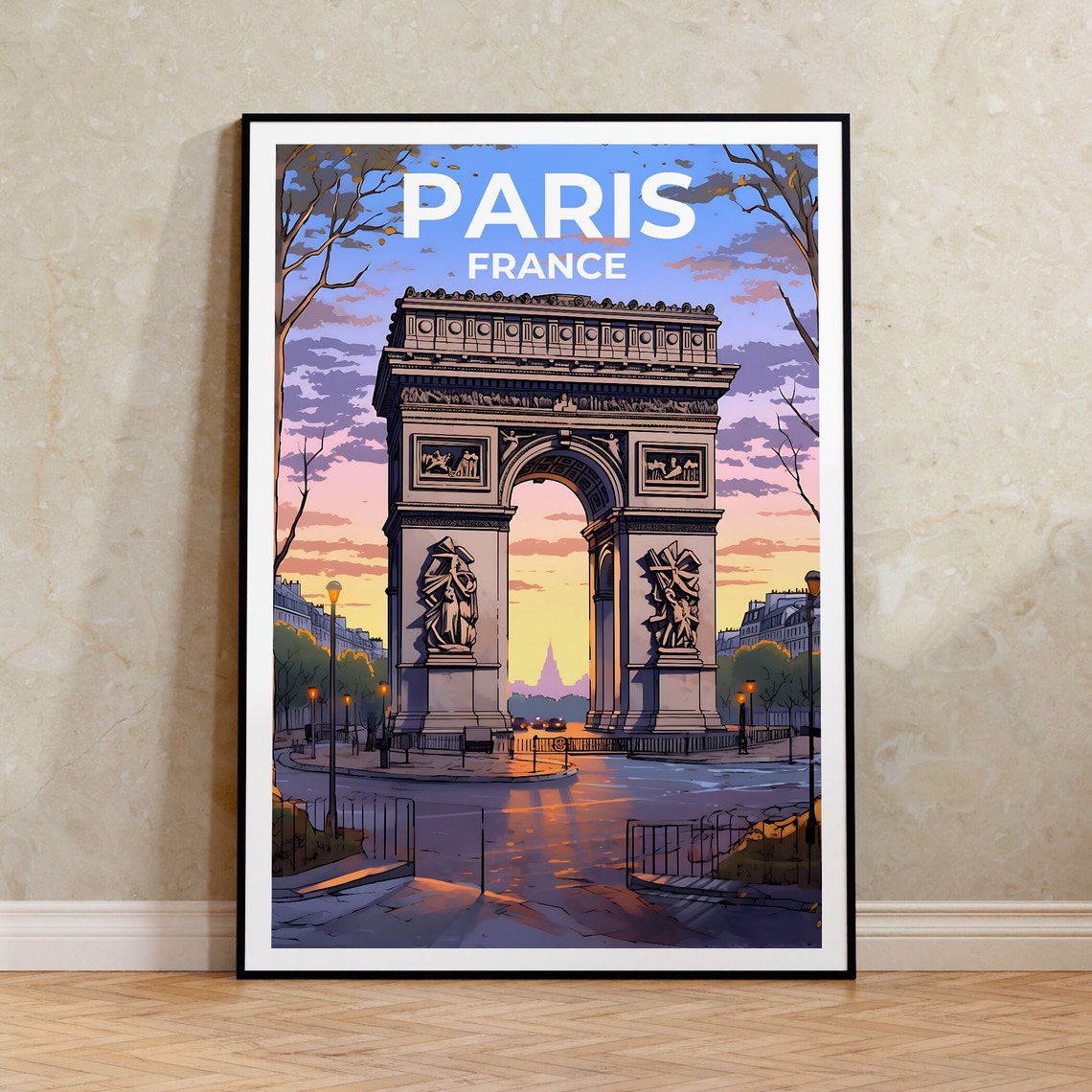 Paris France Arc De Triomphe Sunset Avenue Landmark View Poster