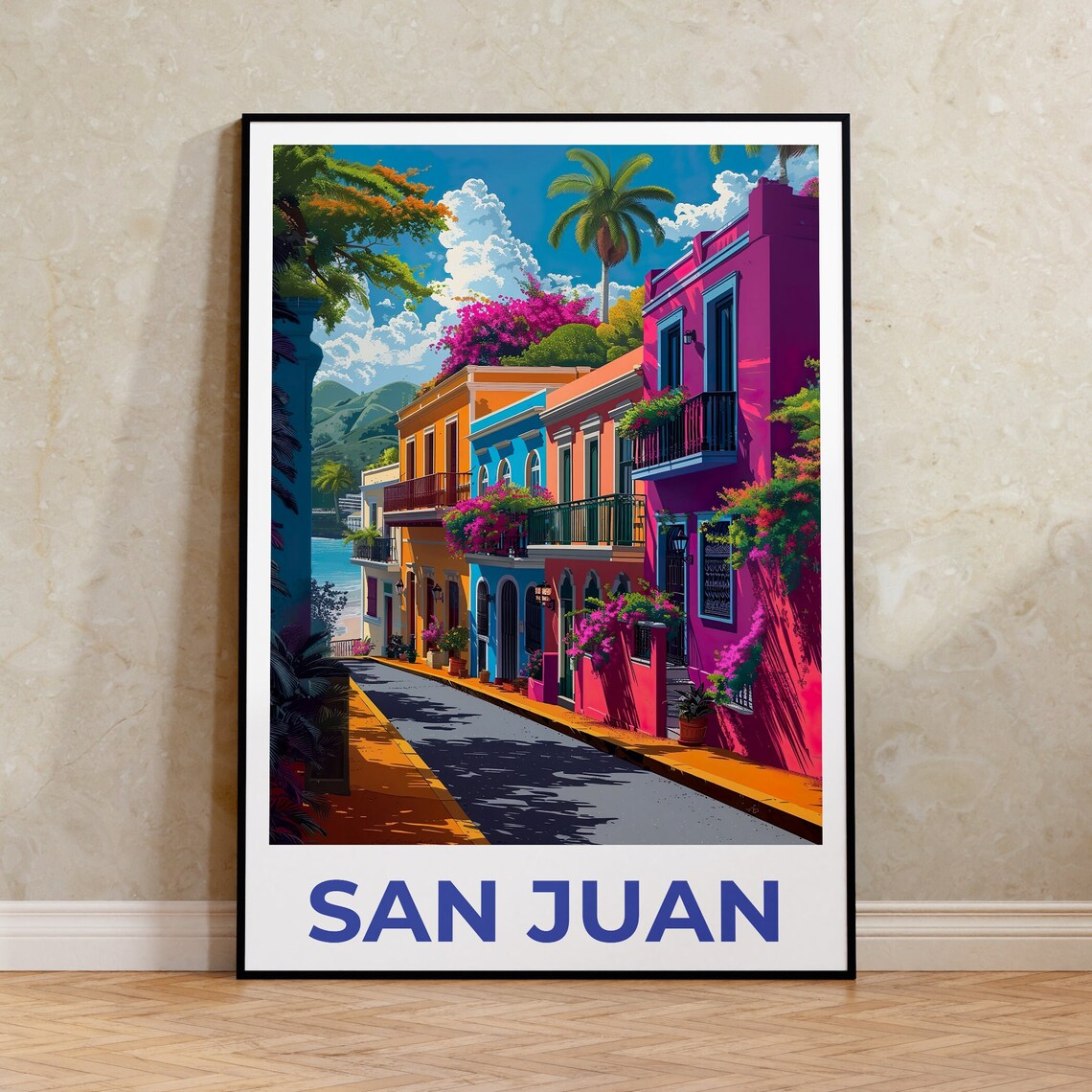 San Juan Puerto Rico Old Town Colorful Street Colonial Travel Poster