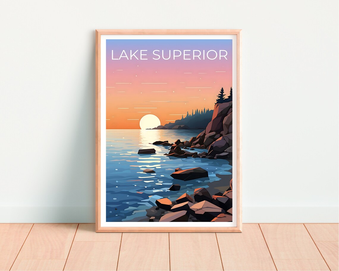 Lake Superior Rocky Shoreline Sunset Calm Waters North Travel Poster - Image 3
