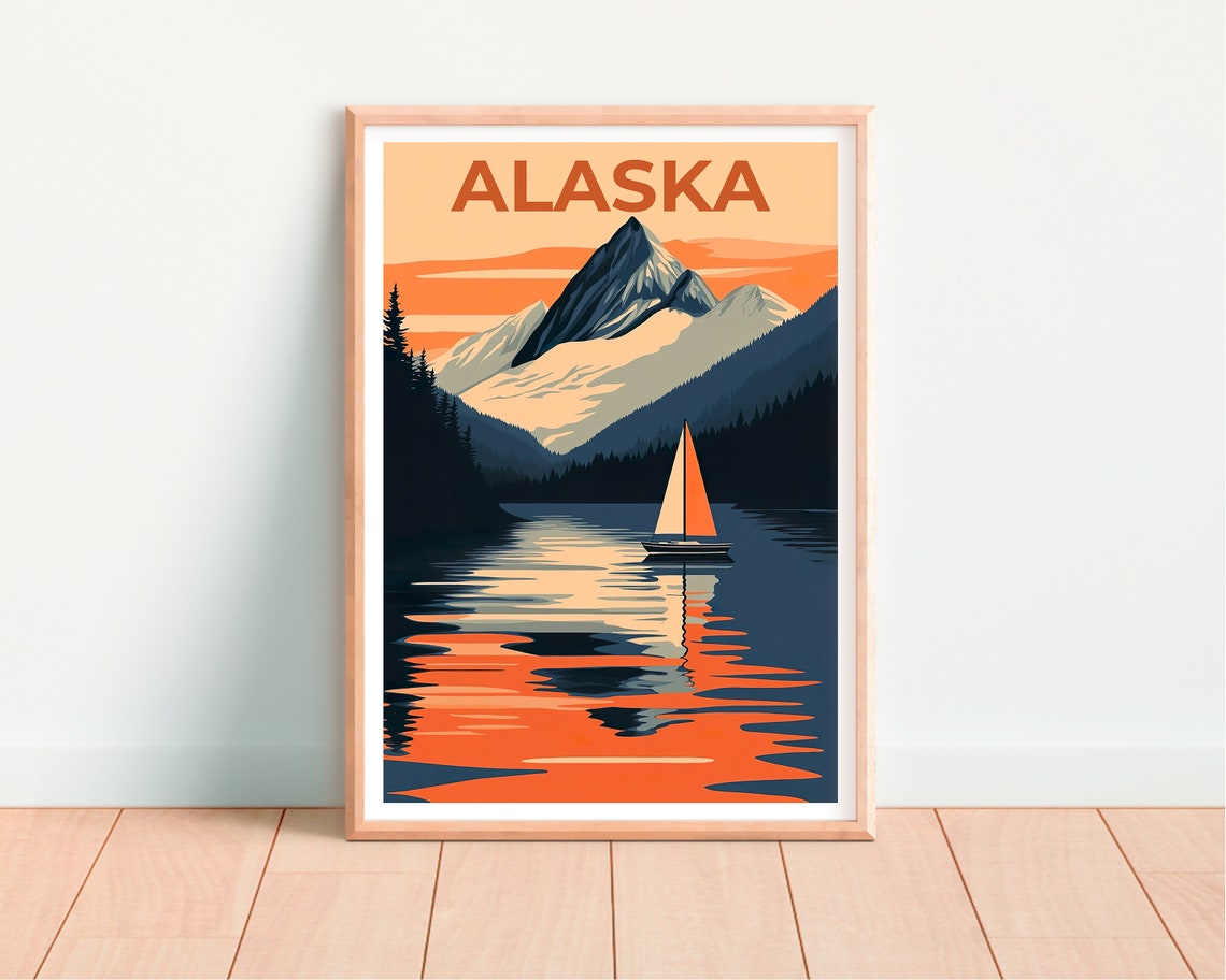 Alaska Snowy Peak Sailboat Lake Sunset Retro Style Travel Poster - Image 4