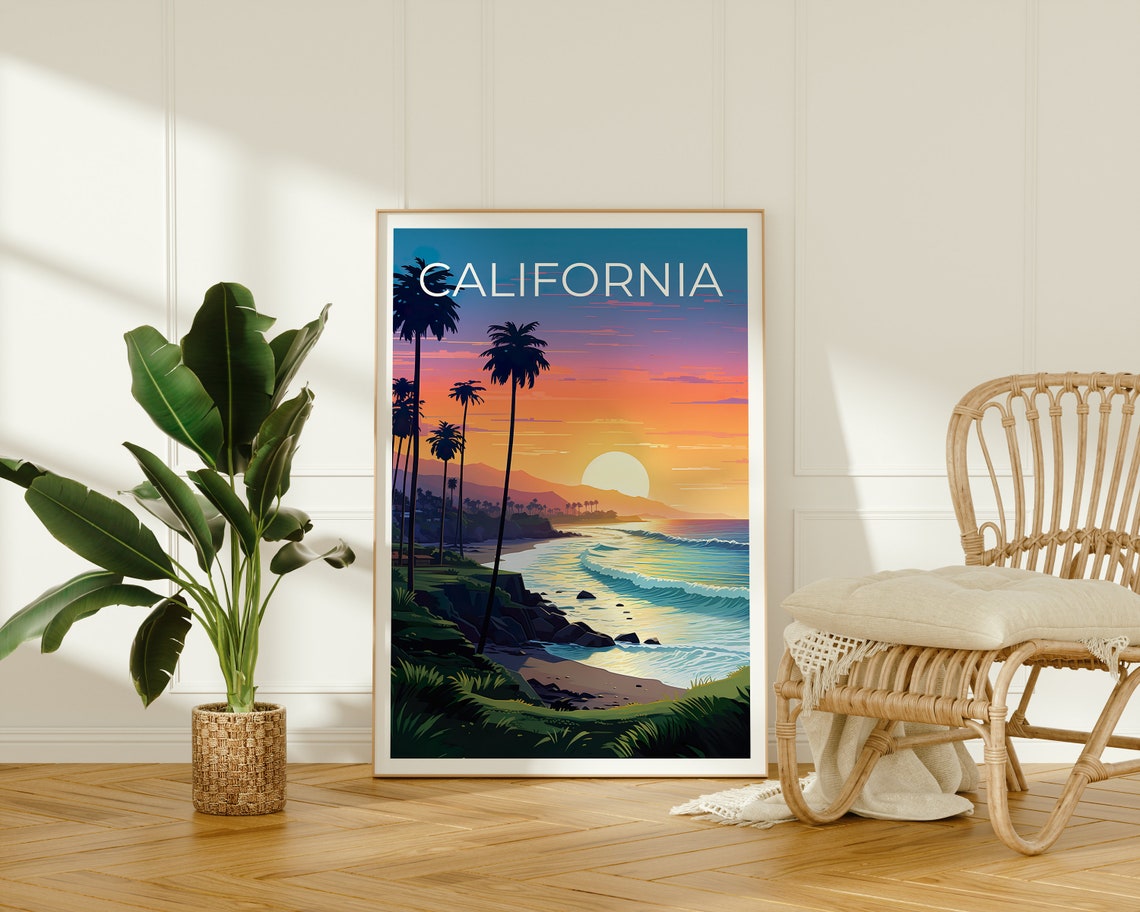 California Coast Beach Sunset Palm Trees Cliffs Ocean Waves Poster - Image 2