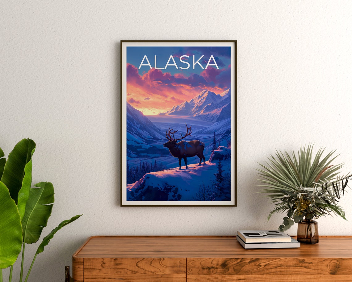 Alaska Sunset Elk on Snowy Mountain Ridge Winter Travel Poster - Image 3
