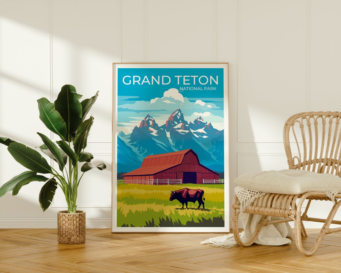 Grand Teton National Park Red Barn Bison Meadow Mountain View Poster - Image 2