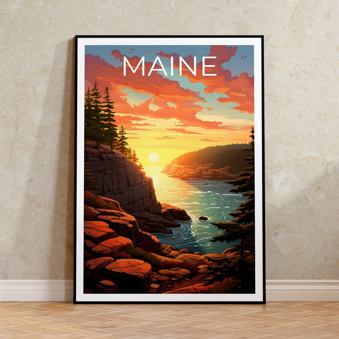 Maine Rocky Coast Sunset Pine Cliffs Ocean View Travel Poster