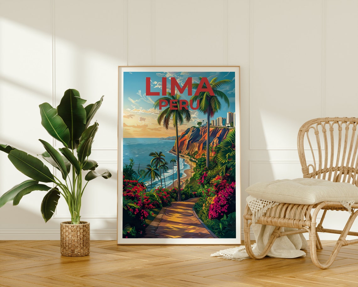 Lima Peru Miraflores Coastal Cliffs Beach Palm Trees Travel Poster - Image 2