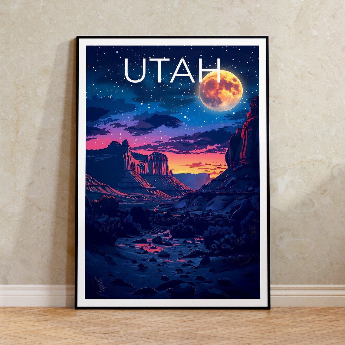 Utah Red Rock Canyon Giant Moon Starry Desert Night Sky Poster