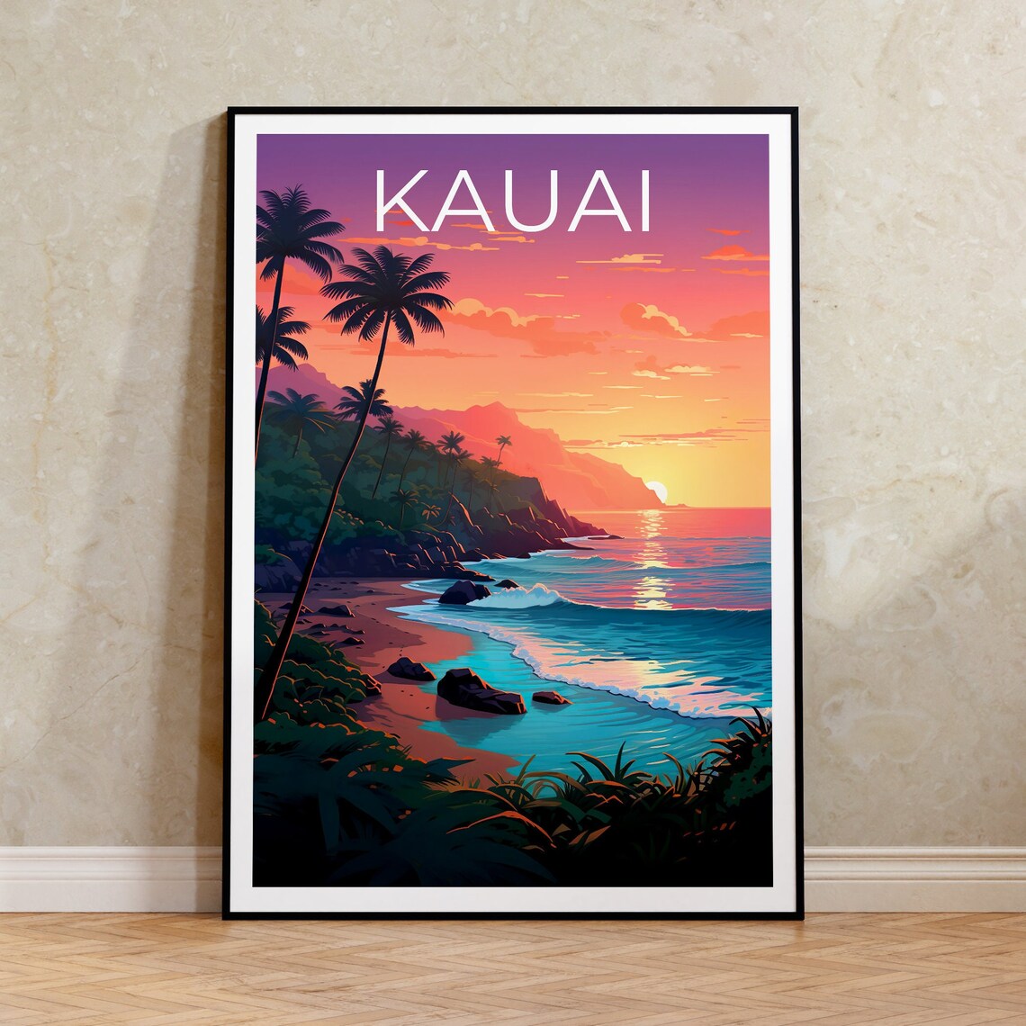Kauai Hawaii Napali Coast Sunset Palm Beach Waves View Travel Poster