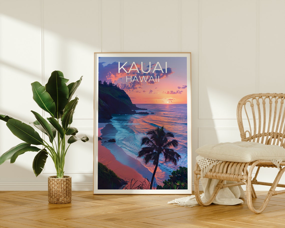 Kauai Hawaii Beach Sunset Cliffs Palm Tree Coastal View Travel Poster - Image 2
