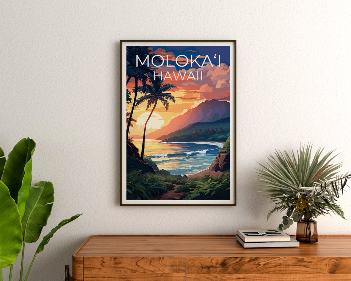 Molokai Hawaii Tropical Beach Sunset Palm Trees Travel Poster - Image 3