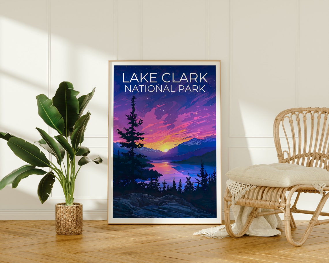 Lake Clark National Park Alaska Sunset Lake Pines Starry Sky Poster - Image 2