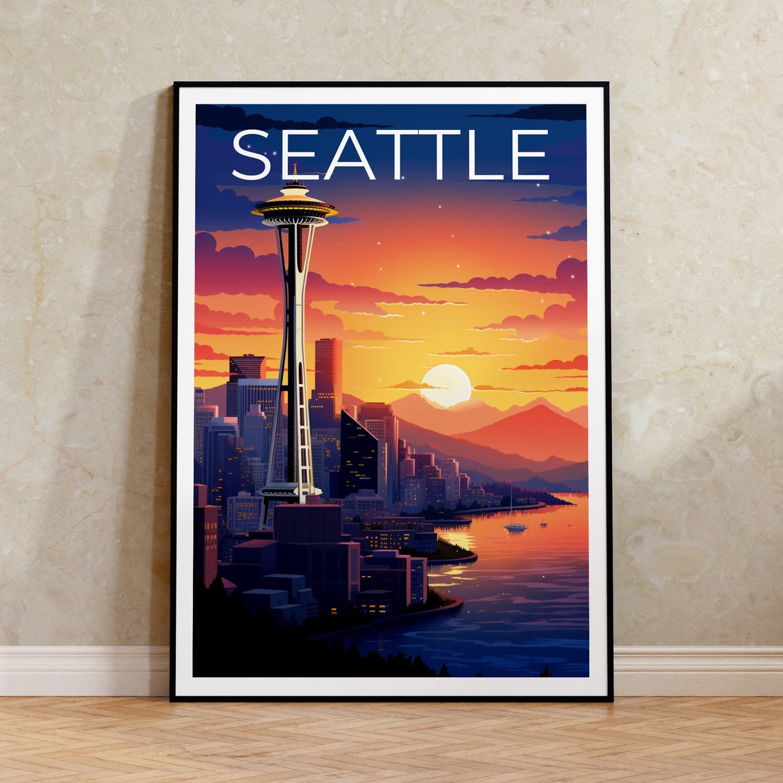 Seattle Space Needle Sunset Elliott Bay Skyline Travel Poster