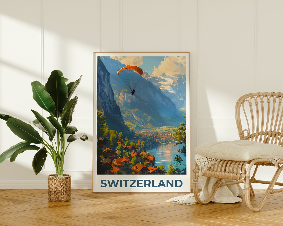 Switzerland Travel Poster, Paragliding Swiss Village - Image 2