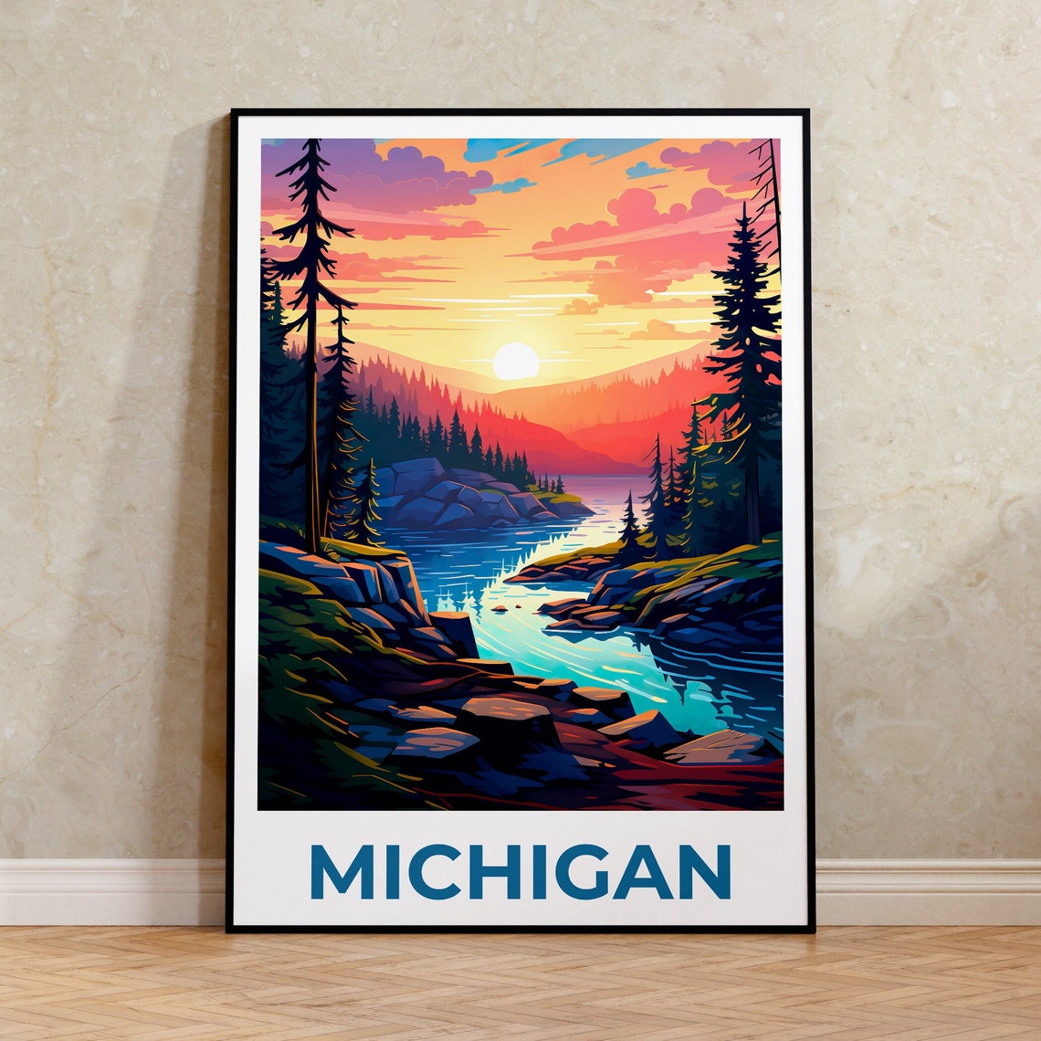 Michigan Lake Sunset Rocky Shore Pine Forest Northwoods Poster