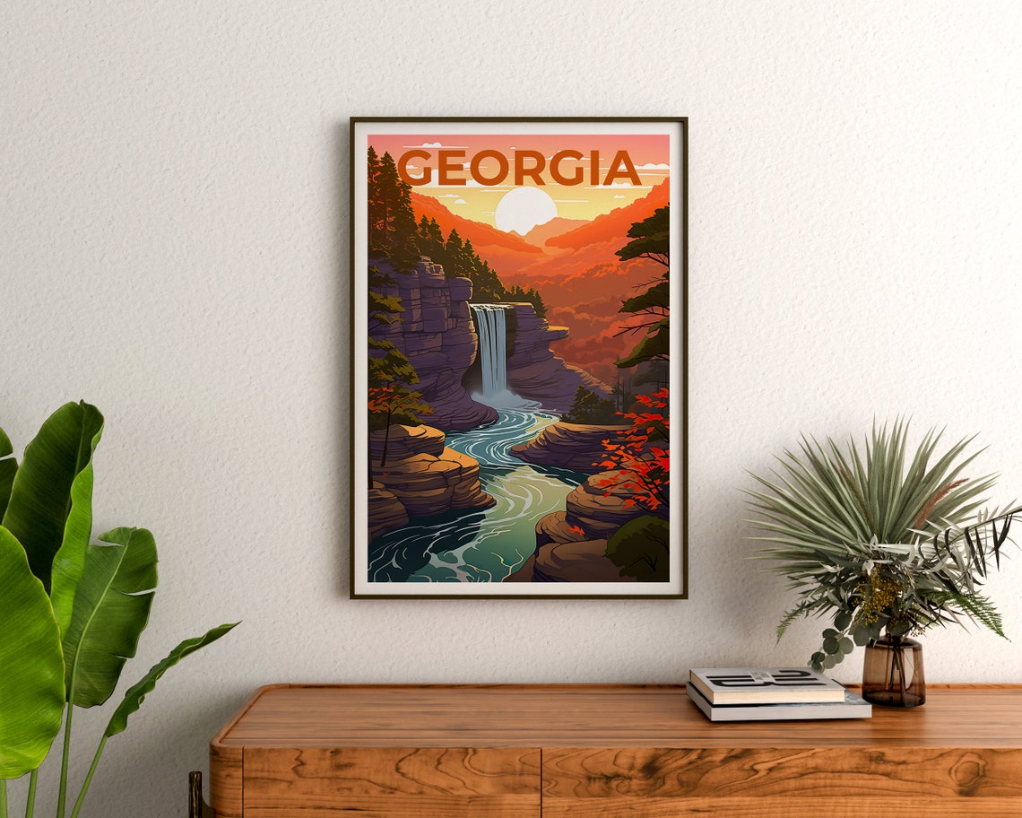 Georgia Forest Waterfall Gorge River Sunset Rocky Canyon Autumn Poster - Image 3