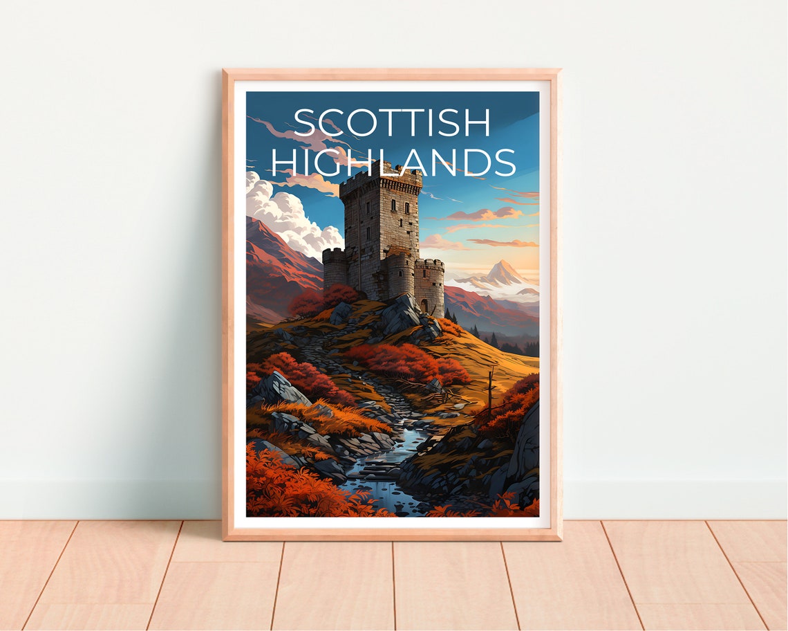 Scottish Highlands Castle Tower Autumn Sunset Hills Travel Poster - Image 4