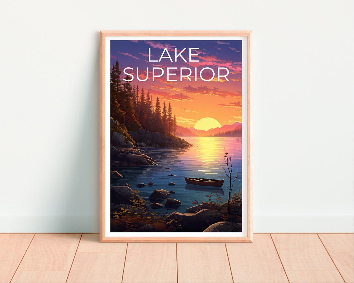 Lake Superior Sunset Canoe Rocky Cove Pines Great Lakes Travel Poster - Image 4