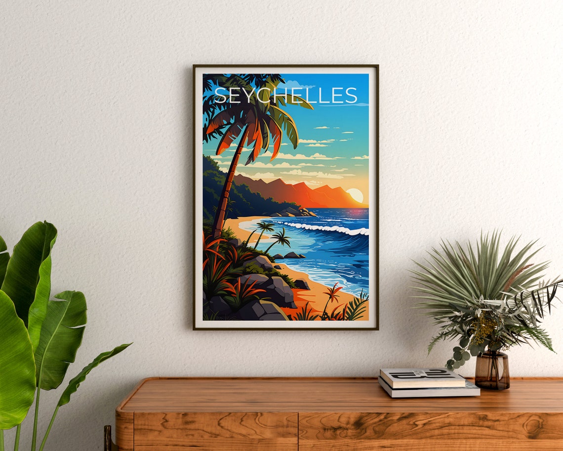 Seychelles Tropical Beach Sunset Palm Trees Ocean Waves Travel Poster - Image 3