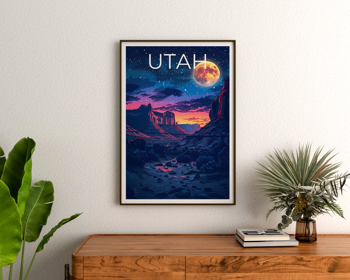 Utah Red Rock Canyon Giant Moon Starry Desert Night Sky Poster - Image 3