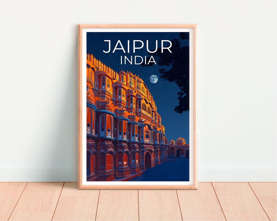 Jaipur India Hawa Mahal Palace Moonlit Night Pink City Travel Poster - Image 4