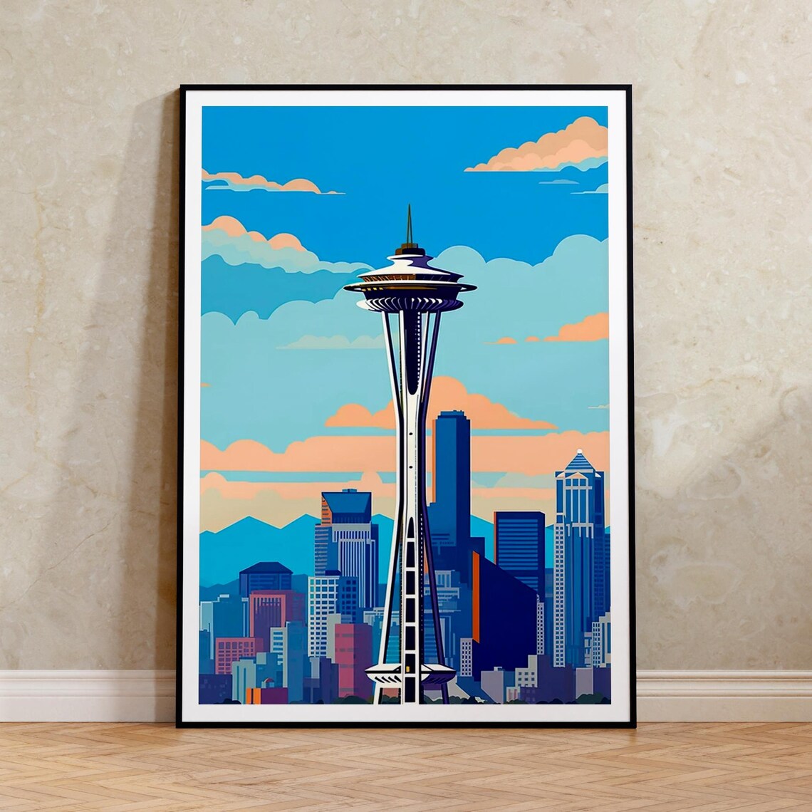 Seattle Skyline Travel Poster, Space Needle Art Print