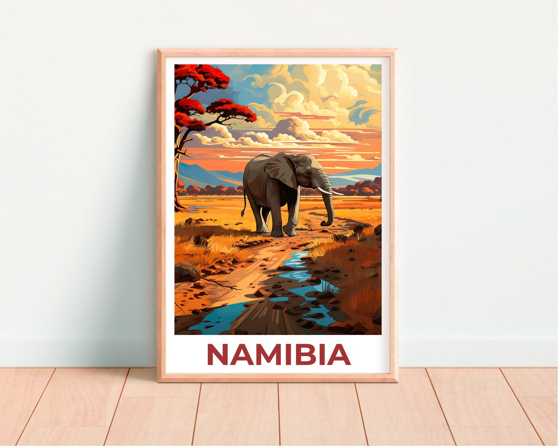 Namibia African Elephant Sunset Savanna Landscape Travel Poster - Image 4