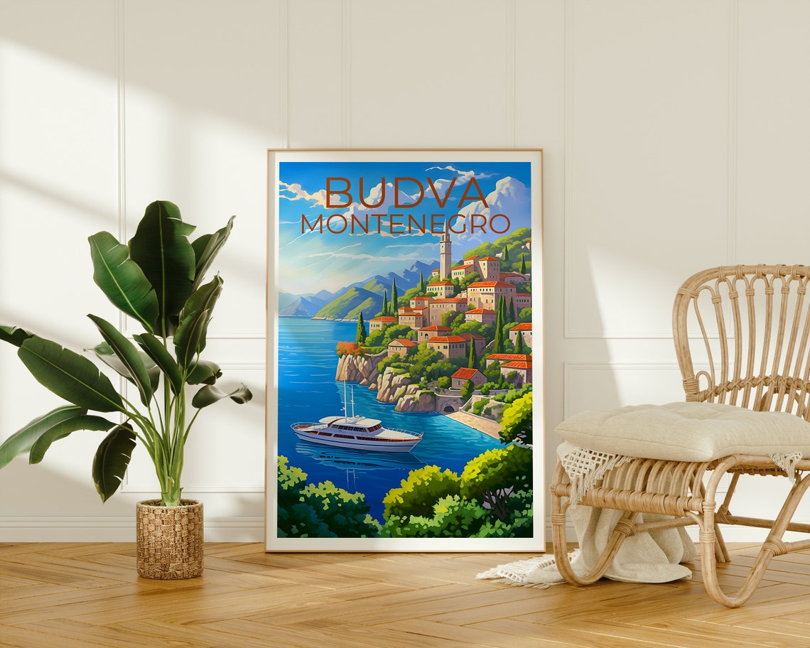 Budva Montenegro Cliffside Old Town Yacht Harbor View Poster - Image 2