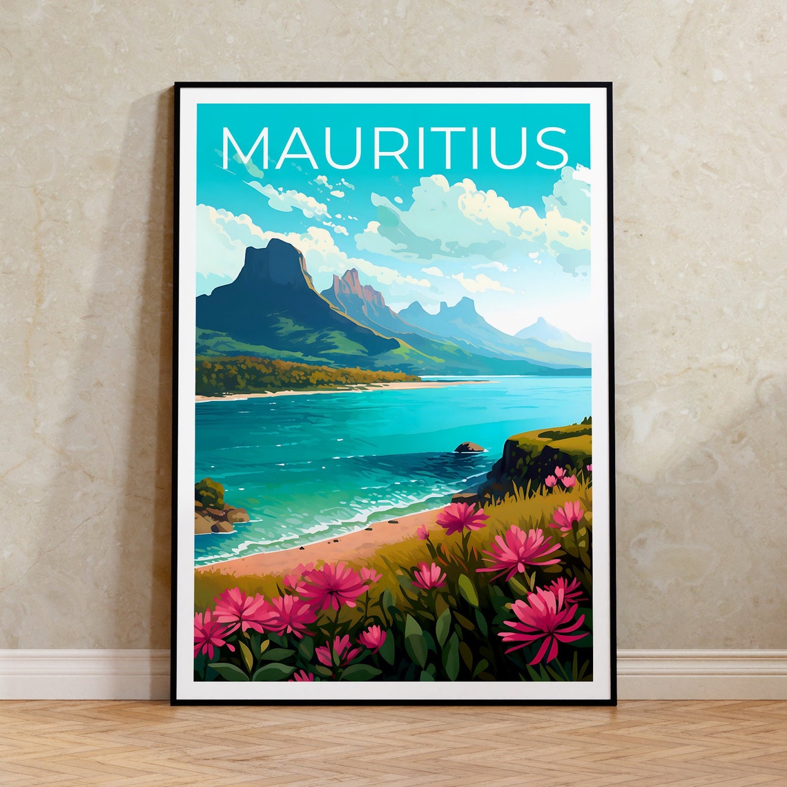 Mauritius Turquoise Bay Volcanic Peaks Flower Coast View Poster