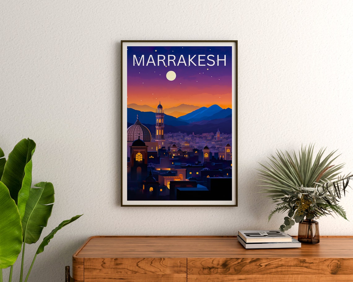 Marrakesh Morocco Old City Night Moon Atlas Mountains Poster - Image 3