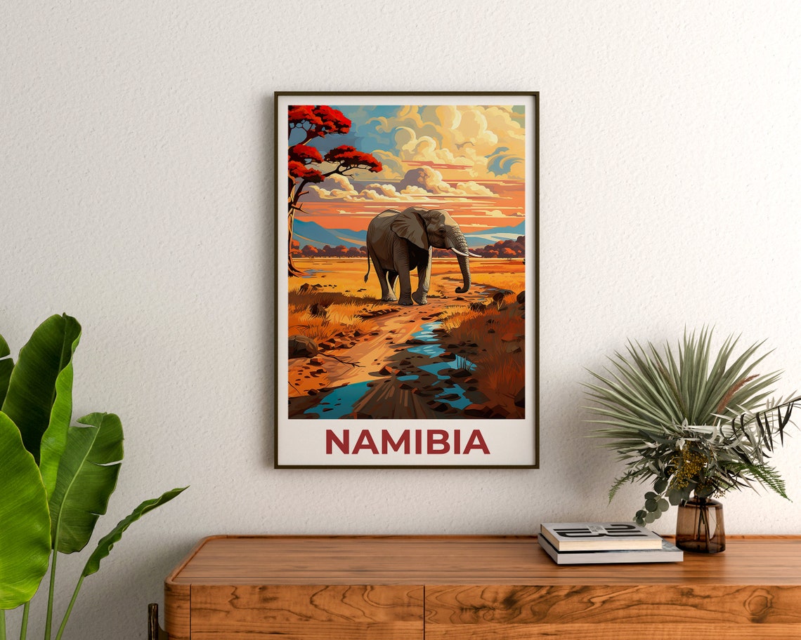 Namibia African Elephant Sunset Savanna Landscape Travel Poster - Image 3