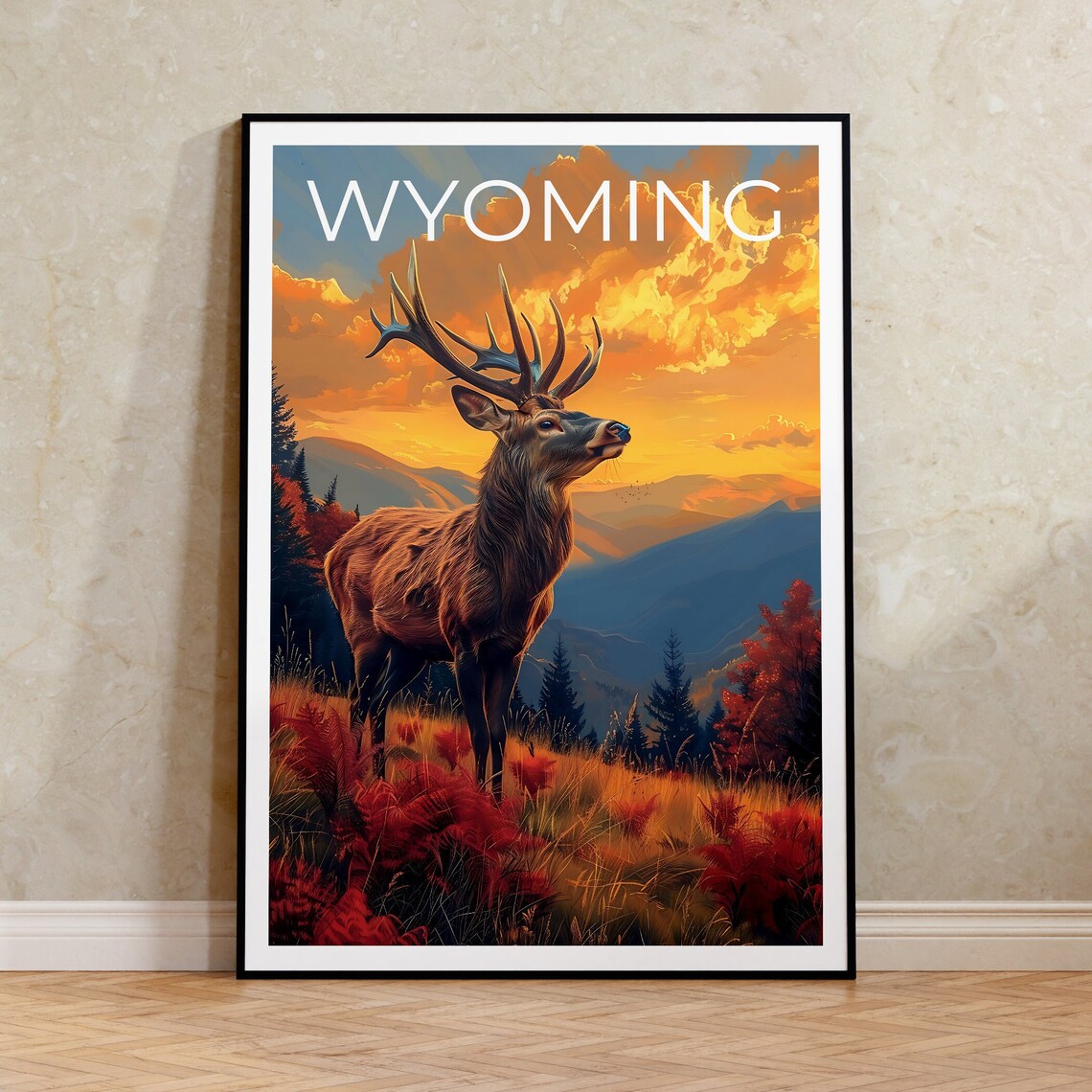 Wyoming Bull Elk Sunset Hillside Wildlife Mountain View Travel Poster
