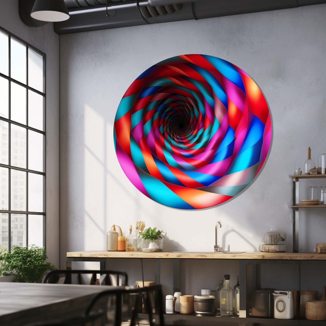 Colorful Spiral Tunnel 3D Optical Illusion Round Circle Wall Art