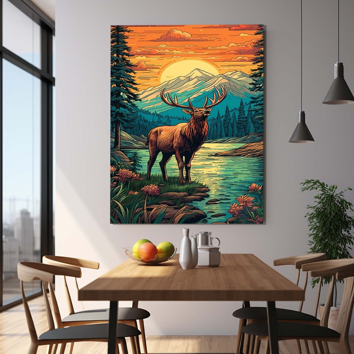Majestic Elk Bugling Sunset Lake Mountains Retro Wildlife Wall Art
