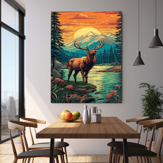 Majestic Elk Bugling Sunset Lake Mountains Retro Wildlife Wall Art