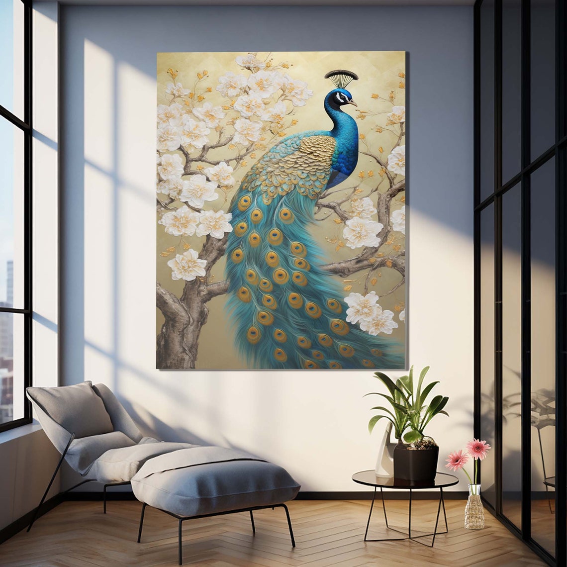 Peacock on Cherry Blossom Branch Gold Blue Elegant Wall Poster