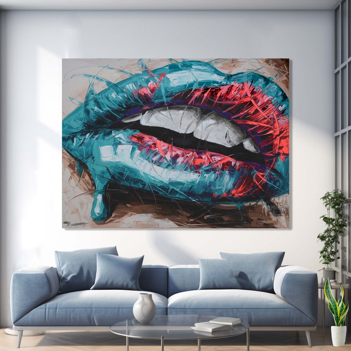 Abstract Turquoise Red Lips Painted Bold Modern Colorful Art Poster