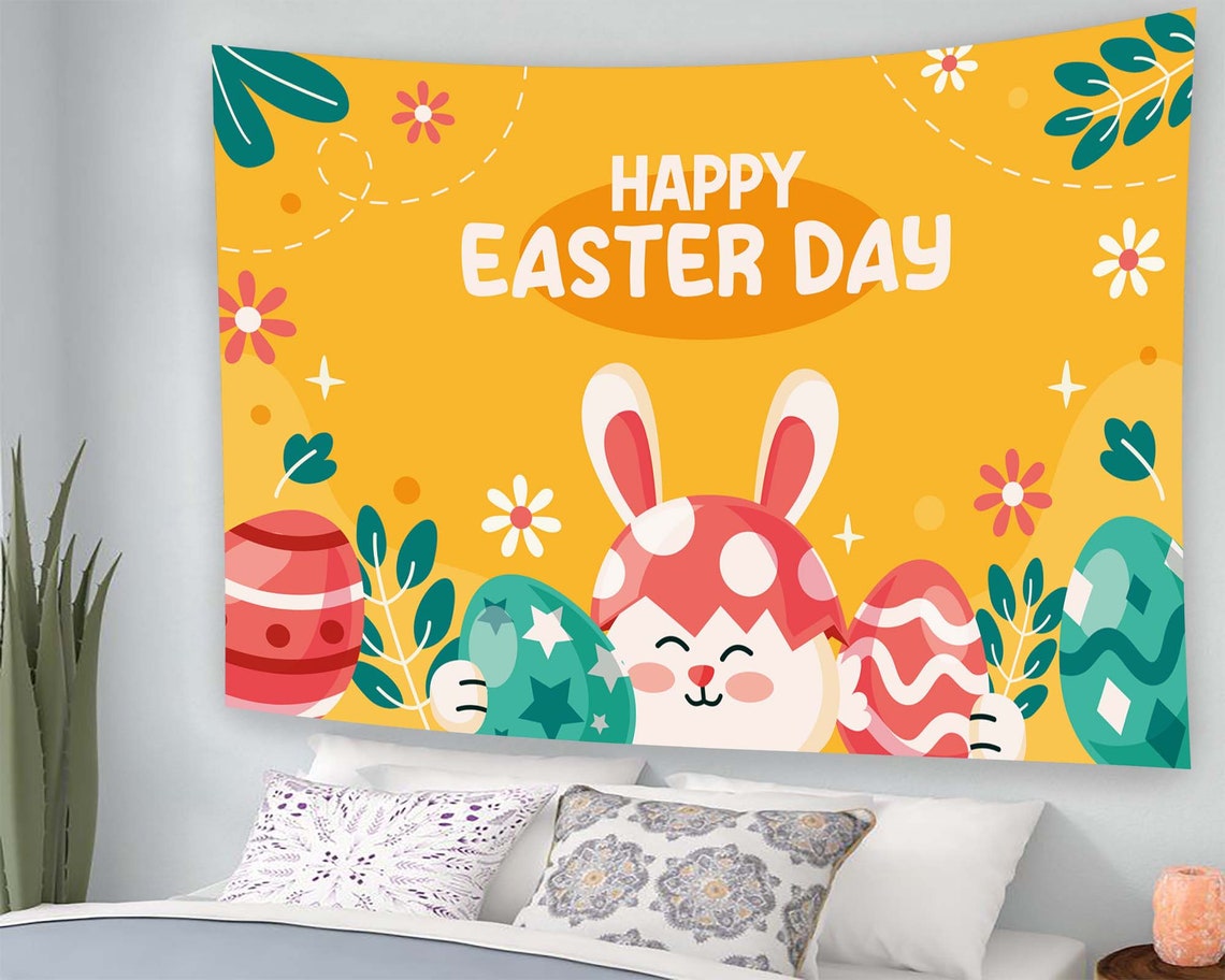 Happy Easter Day Bunny Eggs Orange Cartoon Kids Spring Tapestry Poster