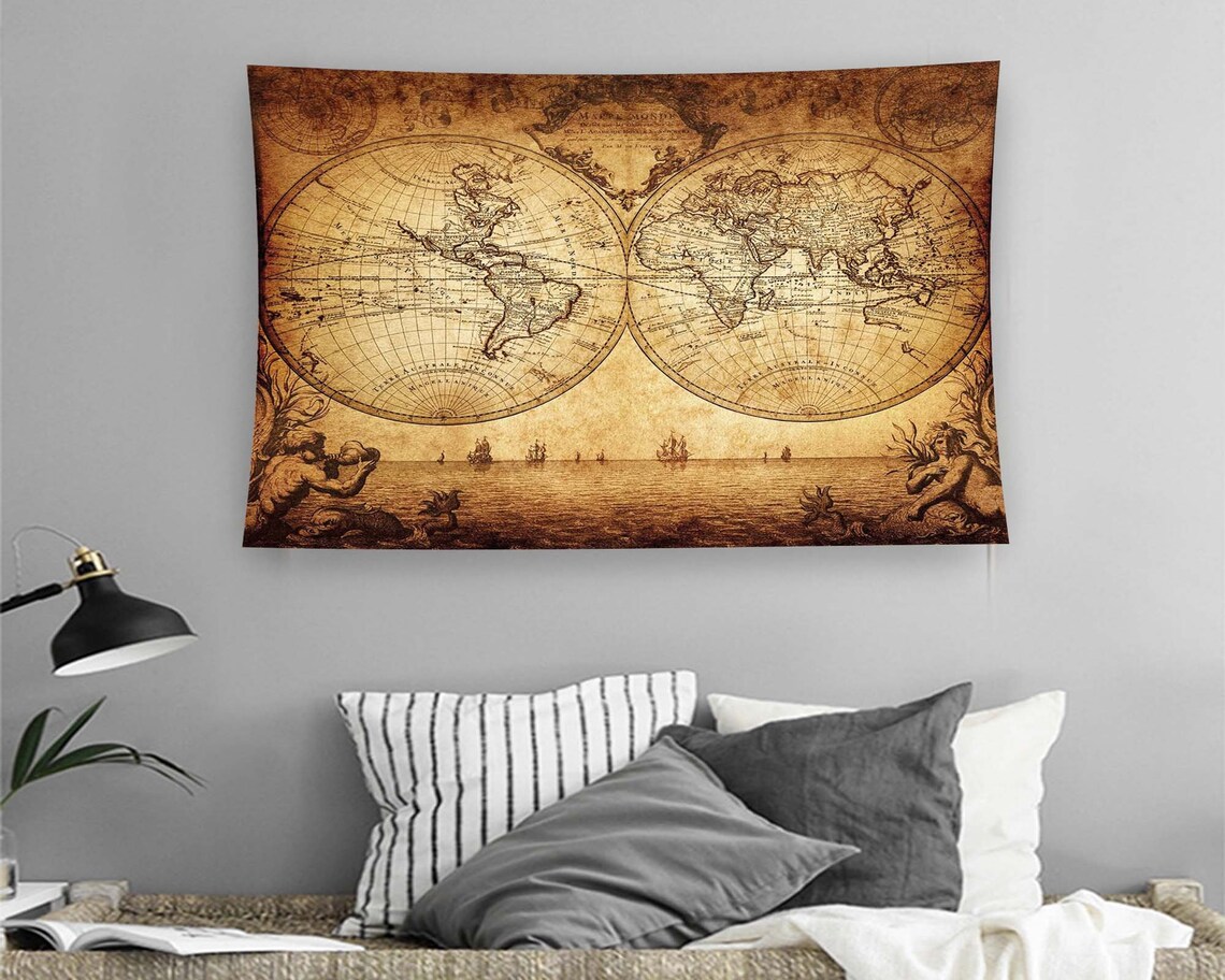 Antique Sepia World Map Double Hemisphere Vintage Tapestry Wall Art