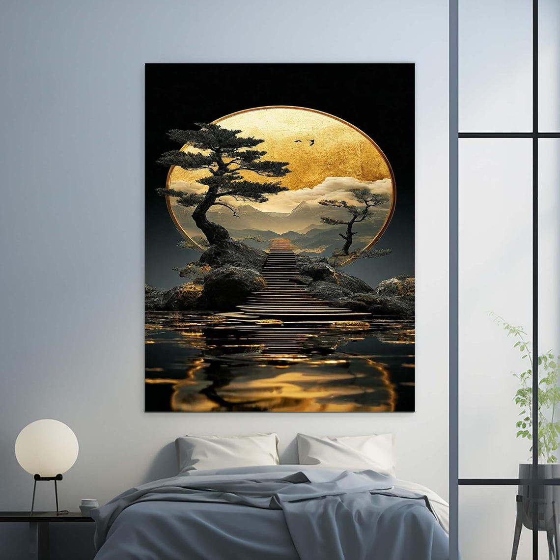 Golden Full Moon Behind Pine Trees On Rocky Island Staircase Wall Art - Image 2