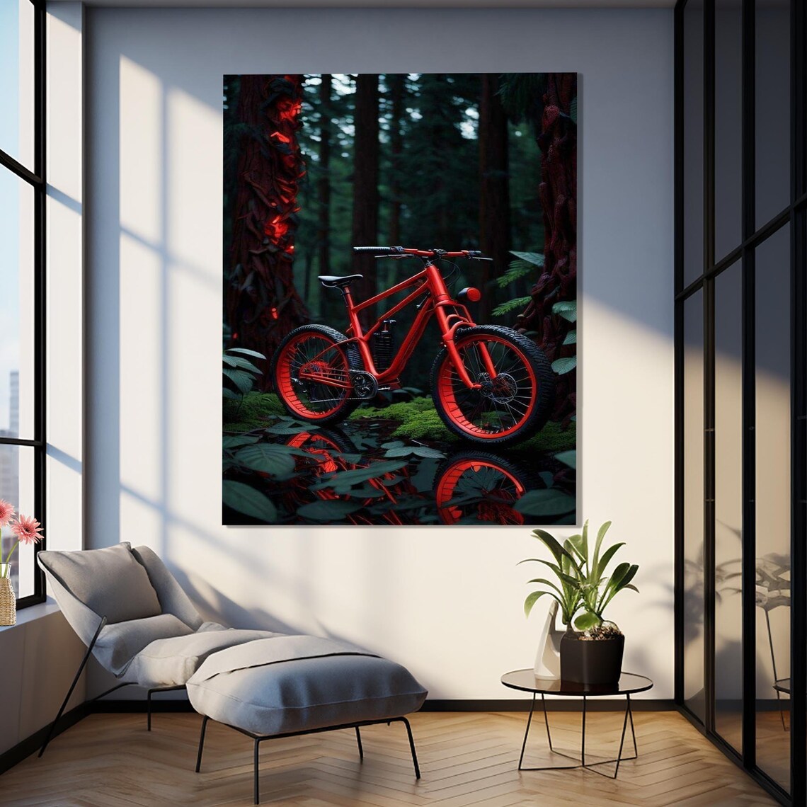 Red Bicycle Forest Trail Reflection Dark Woodland Cycling Poster
