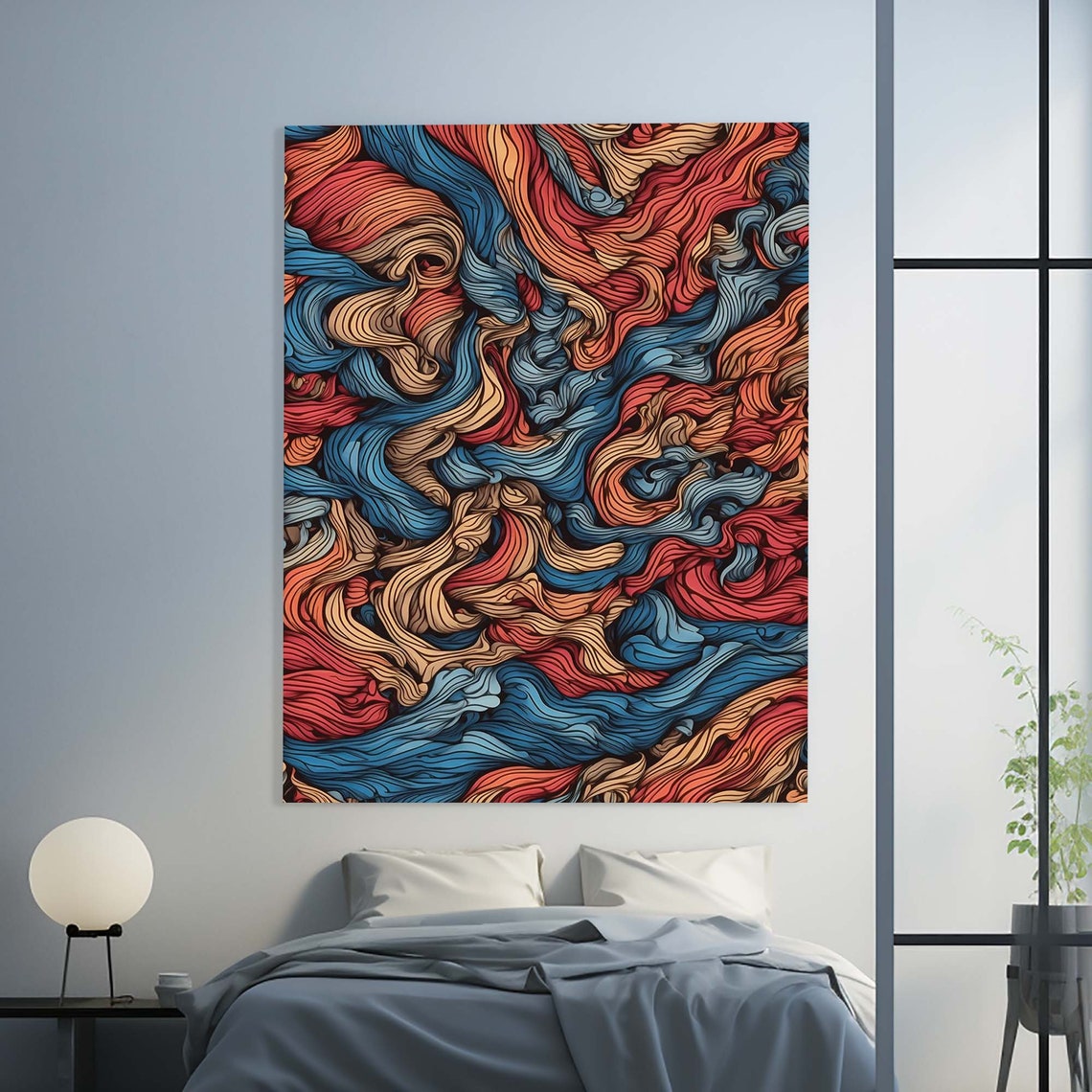 Swirling Blue Coral Beige Marble Wave Abstract Lines Wall Art - Image 2